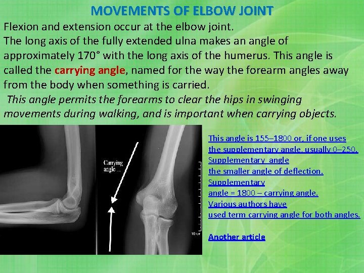 MOVEMENTS OF ELBOW JOINT Flexion and extension occur at the elbow joint. The long