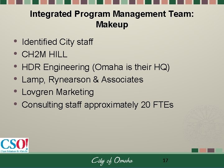 Integrated Program Management Team: Makeup • • • Identified City staff CH 2 M