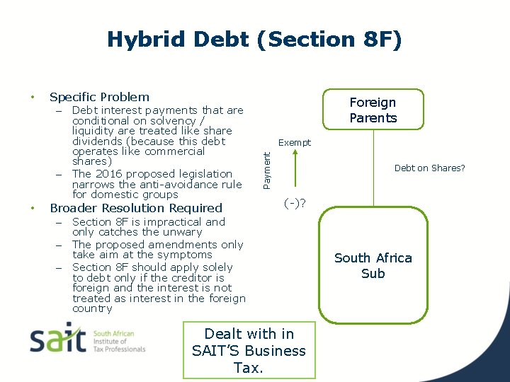 Hybrid Debt (Section 8 F) • Specific Problem – Debt interest payments that are