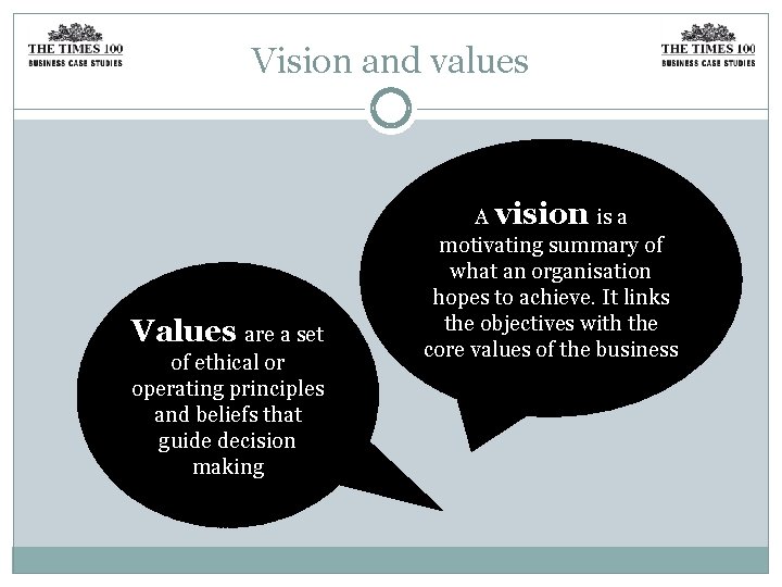 Vision and values Values are a set of ethical or operating principles and beliefs