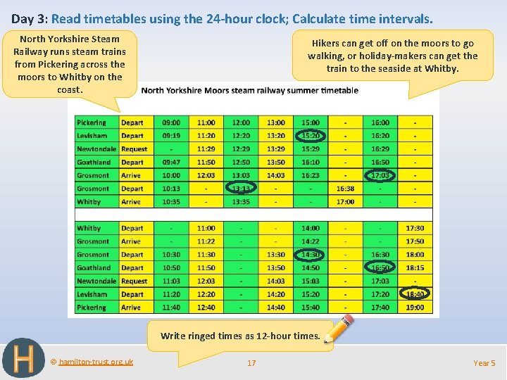 Day 3: Read timetables using the 24 -hour clock; Calculate time intervals. North Yorkshire