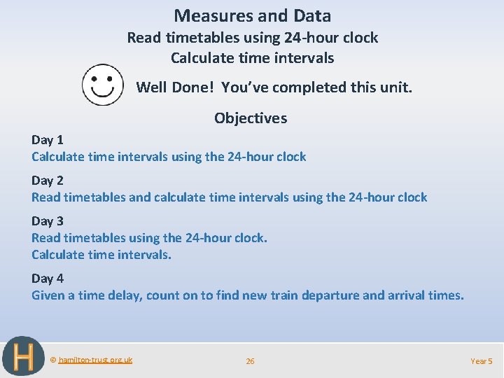 Measures and Data Read timetables using 24 -hour clock Calculate time intervals Well Done!