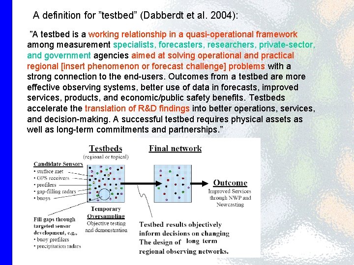 A definition for ”testbed” (Dabberdt et al. 2004): ”A testbed is a working relationship