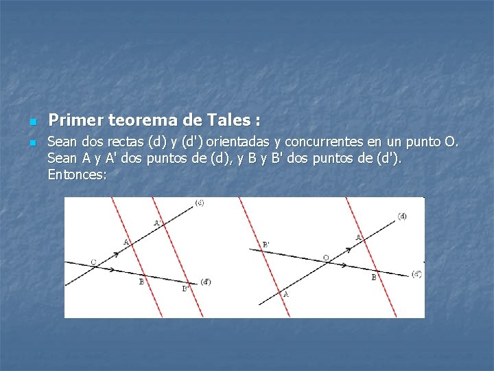 n n Primer teorema de Tales : Sean dos rectas (d) y (d') orientadas