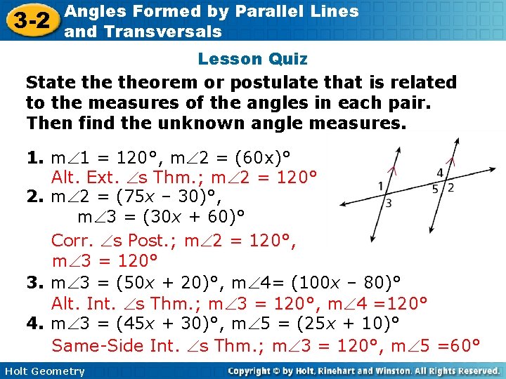 3 -2 Angles Formed by Parallel Lines and Transversals Lesson Quiz State theorem or 3 -2 Angles Formed by Parallel Lines and Transversals Lesson Quiz State theorem or