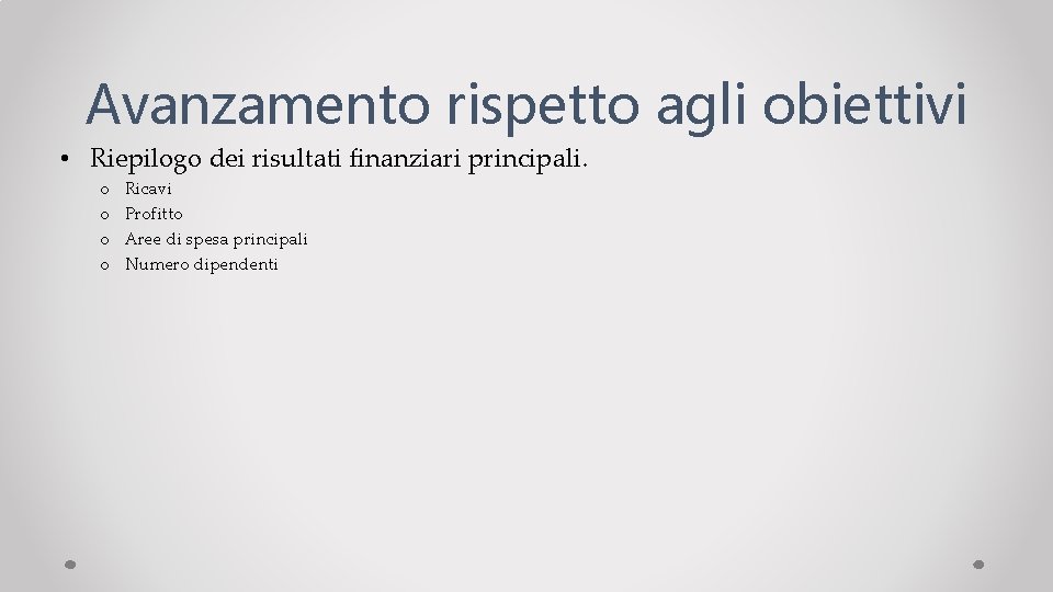 Avanzamento rispetto agli obiettivi • Riepilogo dei risultati finanziari principali. o o Ricavi Profitto