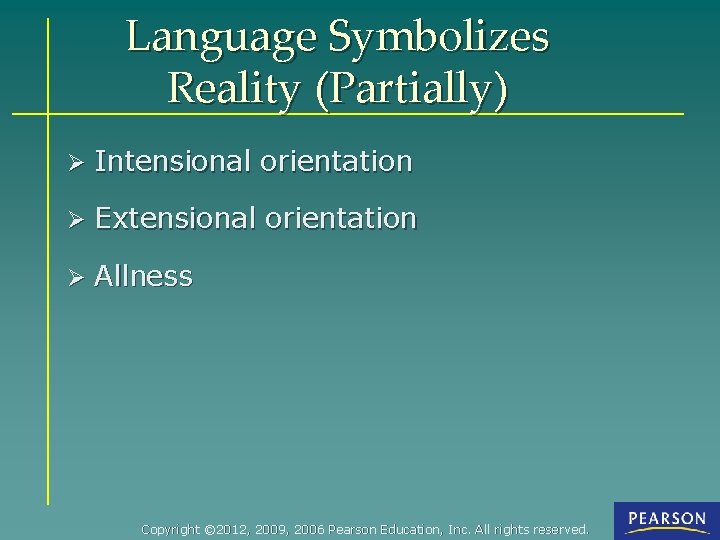 Language Symbolizes Reality (Partially) Ø Intensional orientation Ø Extensional orientation Ø Allness Copyright ©