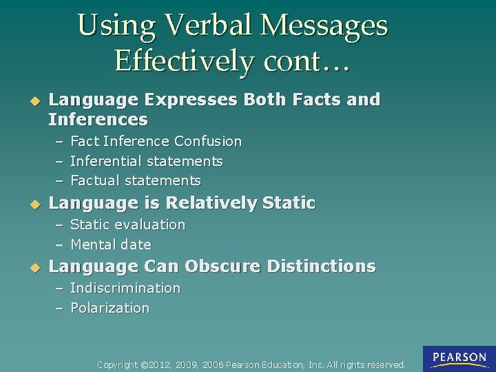 Using Verbal Messages Effectively cont… u Language Expresses Both Facts and Inferences – –