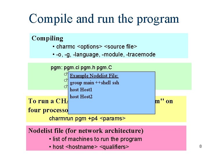 Compile and run the program Compiling • charmc <options> <source file> • -o, -g,