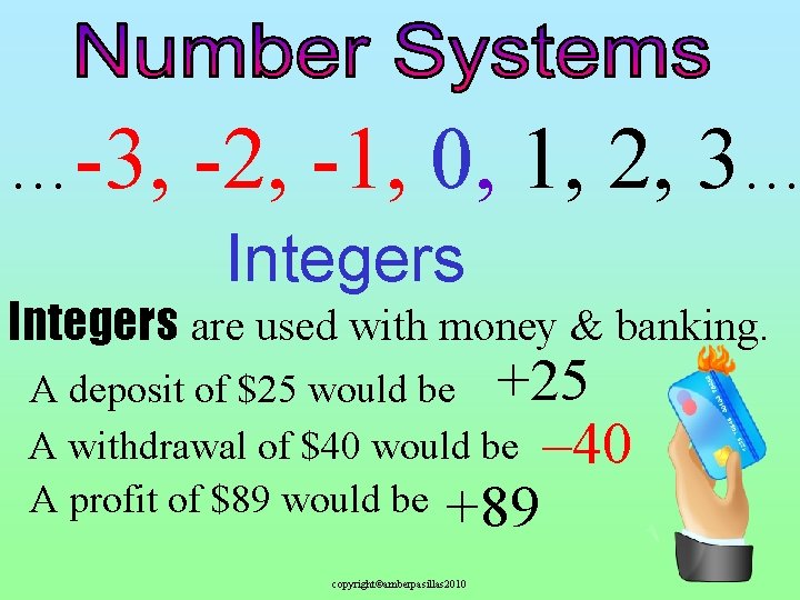 …-3, -2, -1, 0, 1, 2, 3… Integers are used with money & banking.
