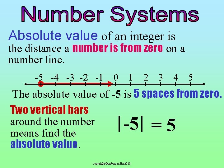 Absolute value of an integer is the distance a number is from zero on