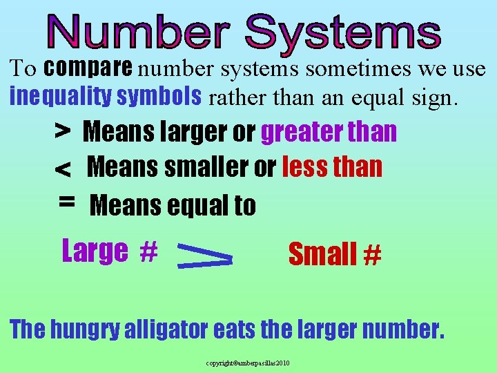 To compare number systems sometimes we use inequality symbols rather than an equal sign.