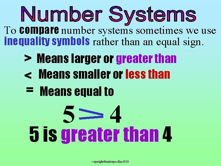 To compare number systems sometimes we use inequality symbols rather than an equal sign.