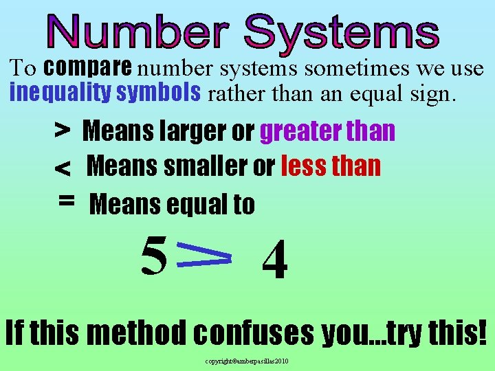 To compare number systems sometimes we use inequality symbols rather than an equal sign.