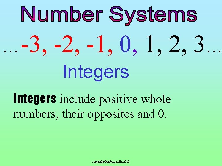 …-3, -2, -1, 0, 1, 2, 3… Integers include positive whole numbers, their opposites