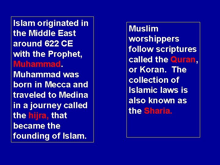 Islam originated in the Middle East around 622 CE with the Prophet, Muhammad was