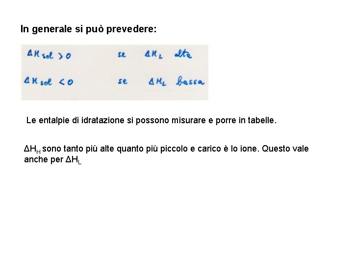 In generale si può prevedere: Le entalpie di idratazione si possono misurare e porre