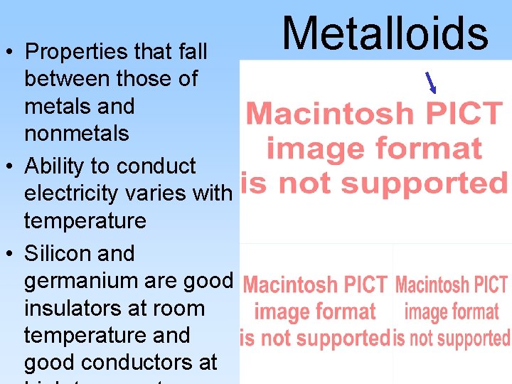  • Properties that fall between those of metals and nonmetals • Ability to