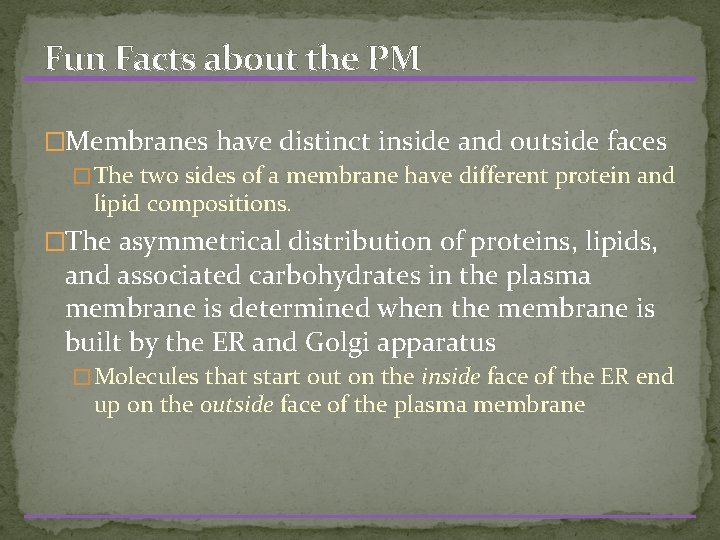Fun Facts about the PM �Membranes have distinct inside and outside faces � The