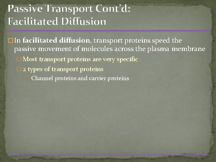 Passive Transport Cont’d: Facilitated Diffusion � In facilitated diffusion, transport proteins speed the passive