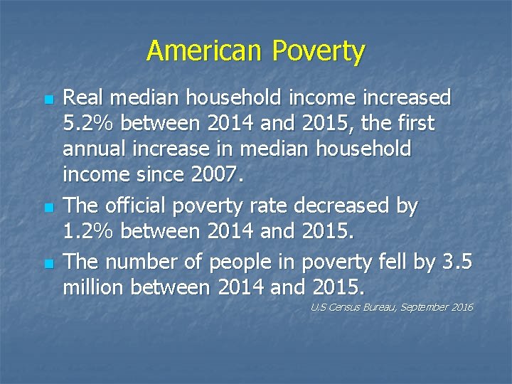 American Poverty n n n Real median household income increased 5. 2% between 2014