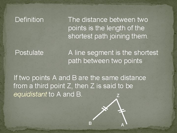 Definition The distance between two points is the length of the shortest path joining