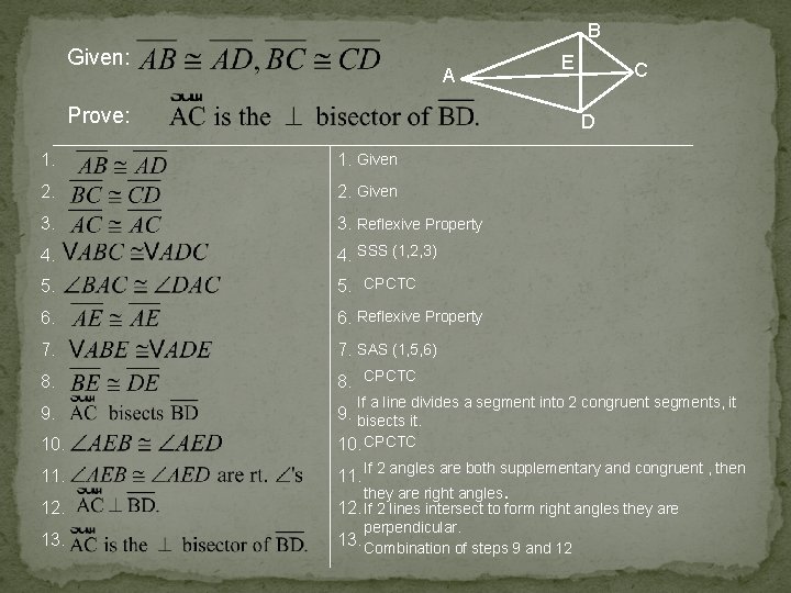 B Given: A E Prove: C D 1. Given 2. Given 3. Reflexive Property