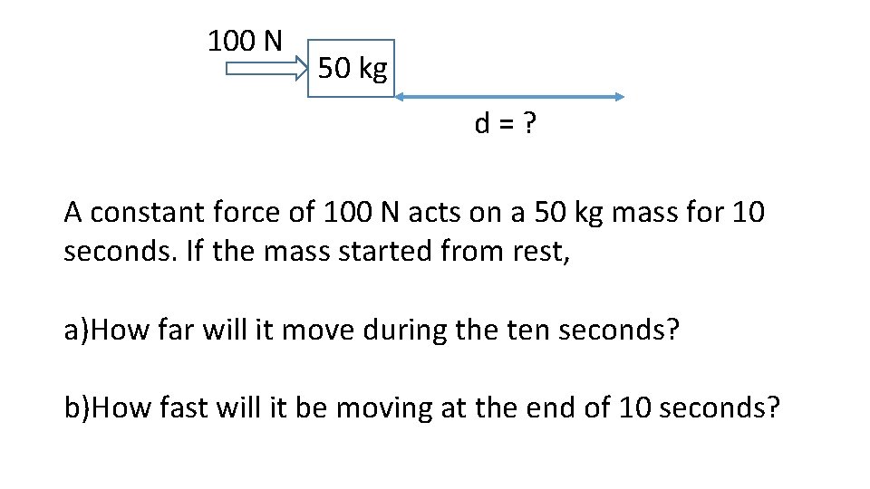 100 N 50 kg d=? A constant force of 100 N acts on a 100 N 50 kg d=? A constant force of 100 N acts on a