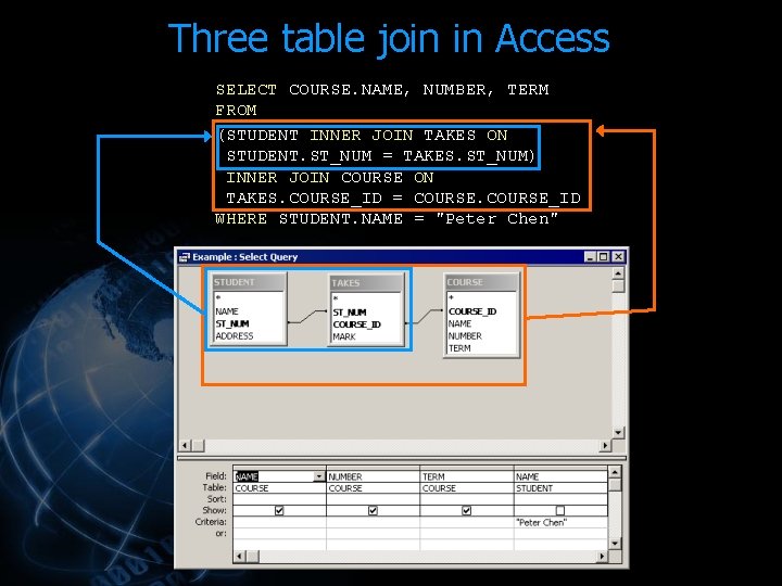 Three table join in Access SELECT COURSE. NAME, NUMBER, TERM FROM (STUDENT INNER JOIN Three table join in Access SELECT COURSE. NAME, NUMBER, TERM FROM (STUDENT INNER JOIN