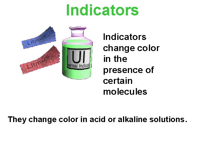 Indicators change color in the presence of certain molecules They change color in acid