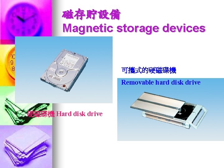 磁存貯設備 Magnetic storage devices 可攜式的硬磁碟機 Removable hard disk drive 硬磁碟機 Hard disk drive 