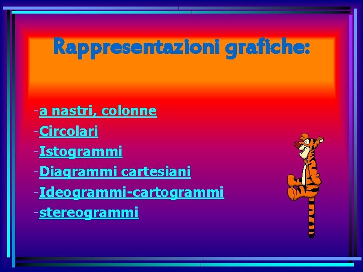 Rappresentazioni grafiche: -a nastri, colonne -Circolari -Istogrammi -Diagrammi cartesiani -Ideogrammi-cartogrammi -stereogrammi 