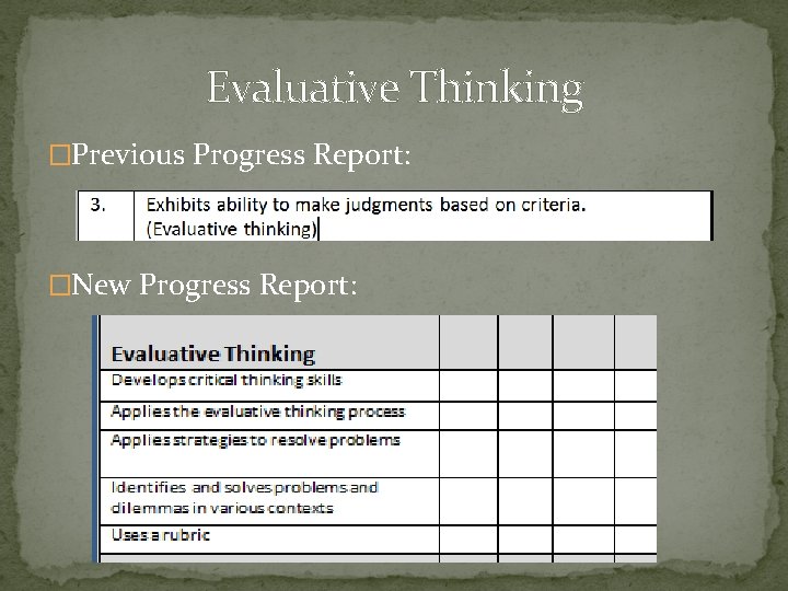 Evaluative Thinking �Previous Progress Report: �New Progress Report: 