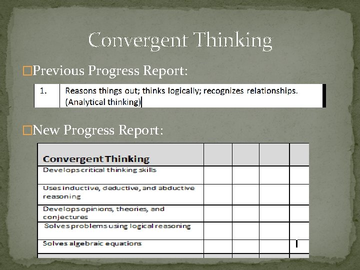 Convergent Thinking �Previous Progress Report: �New Progress Report: 