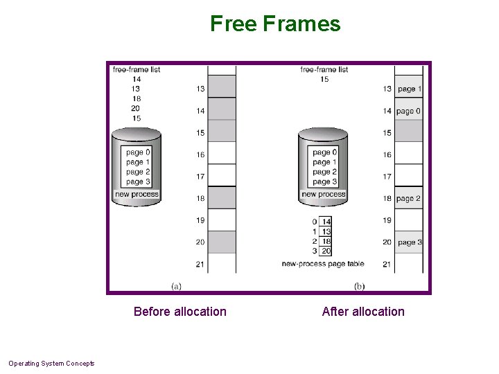 Free Frames Before allocation Operating System Concepts After allocation 