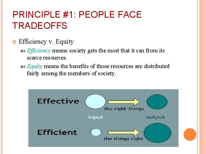 PRINCIPLE #1: PEOPLE FACE TRADEOFFS Efficiency v. Equity Efficiency means society gets the most