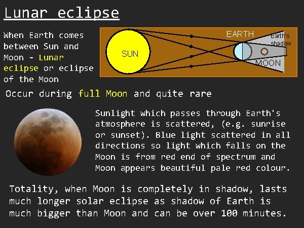 Lunar eclipse When Earth comes between Sun and Moon - Lunar eclipse of the