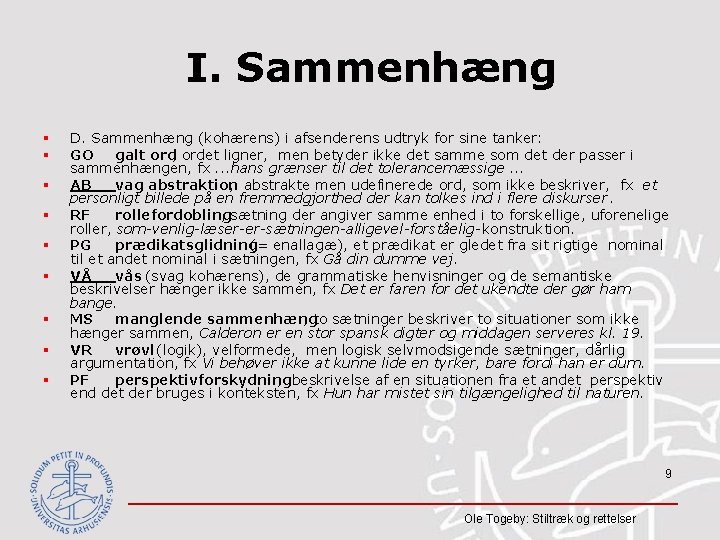 I. Sammenhæng § § § § § D. Sammenhæng (kohærens) i afsenderens udtryk for