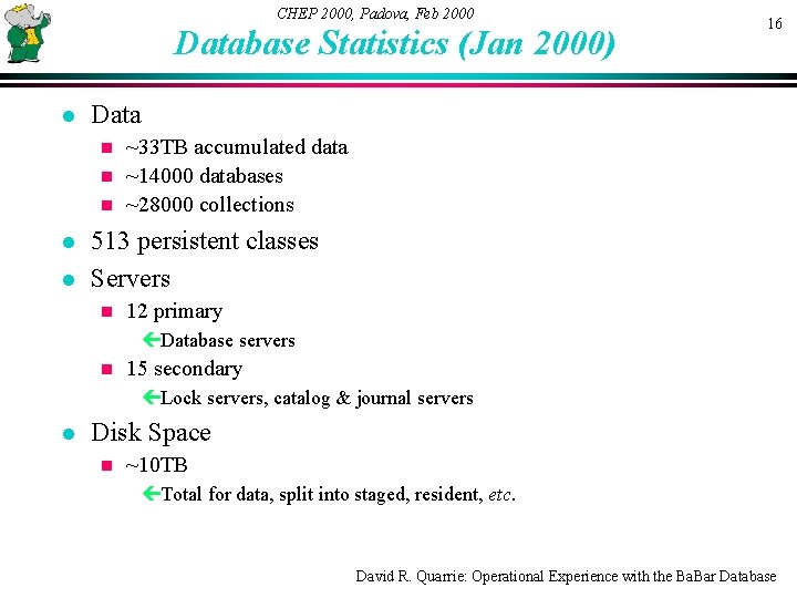 CHEP 2000, Padova, Feb 2000 Database Statistics (Jan 2000) l 16 Data ~33 TB