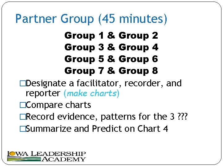 Partner Group (45 minutes) Group 1 & Group 2 Group 3 & Group 4