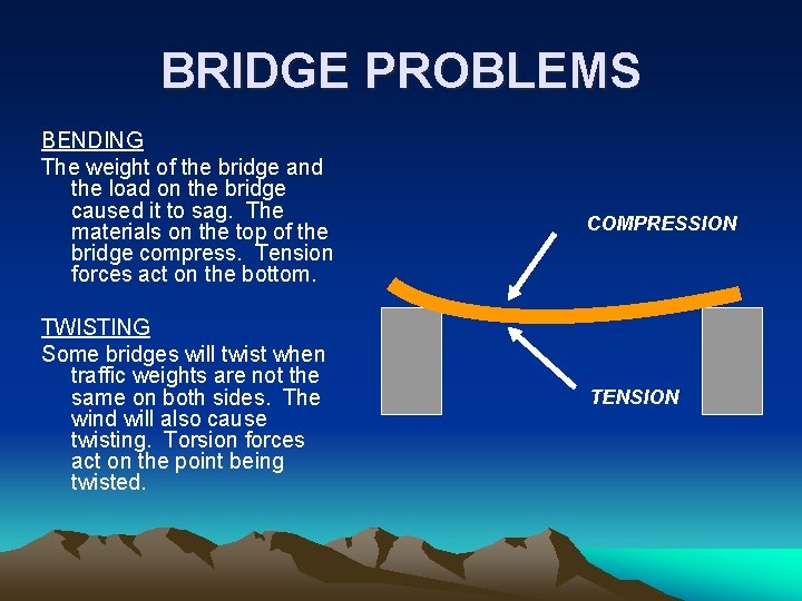 BRIDGE PROBLEMS BENDING The weight of the bridge and the load on the bridge