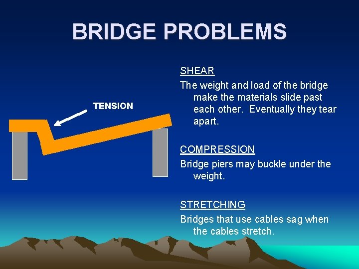 BRIDGE PROBLEMS TENSION SHEAR The weight and load of the bridge make the materials