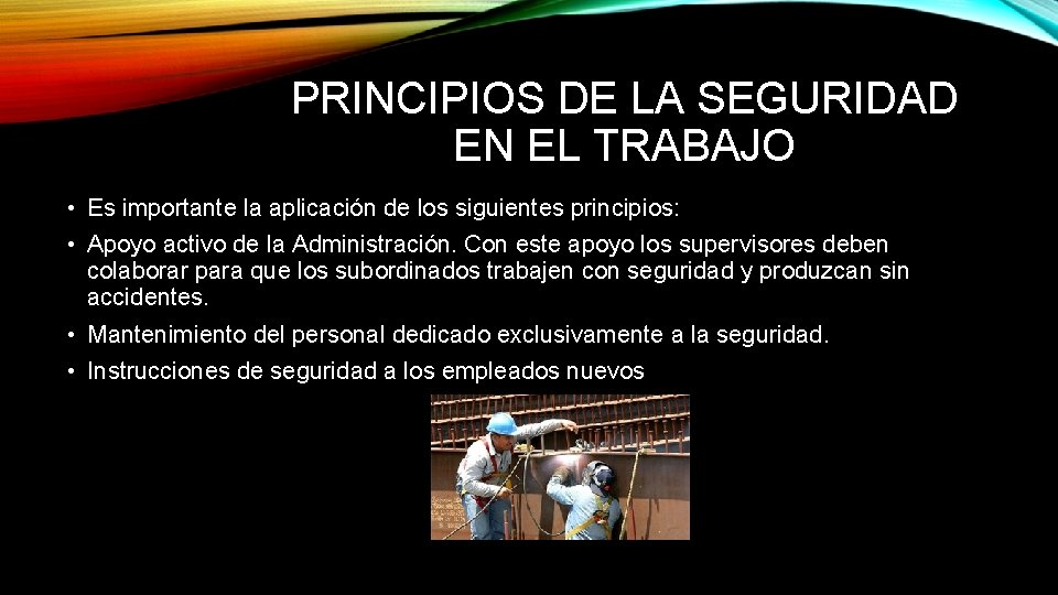 PRINCIPIOS DE LA SEGURIDAD EN EL TRABAJO • Es importante la aplicación de los