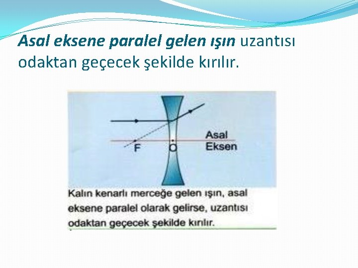 Asal eksene paralel gelen ışın uzantısı odaktan geçecek şekilde kırılır. 