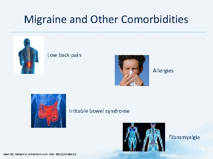 Migraine and Other Comorbidities Low back pain Allergies Irritable bowel syndrome Fibromyalgia Yoon MS,