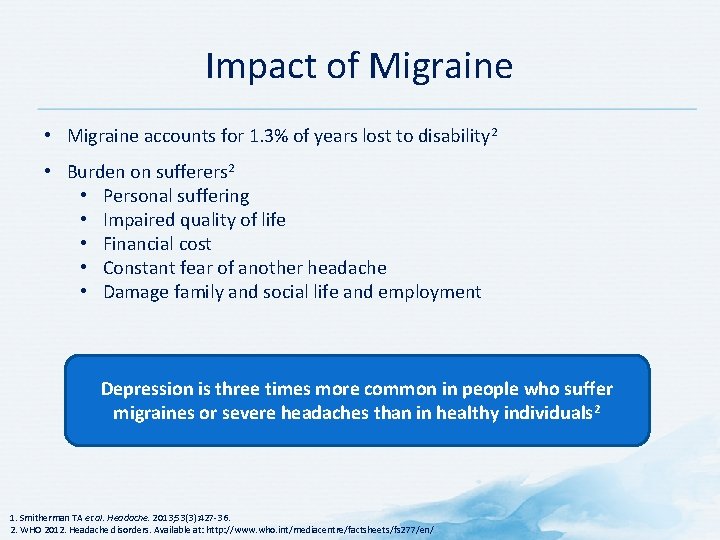 Impact of Migraine • Migraine accounts for 1. 3% of years lost to disability