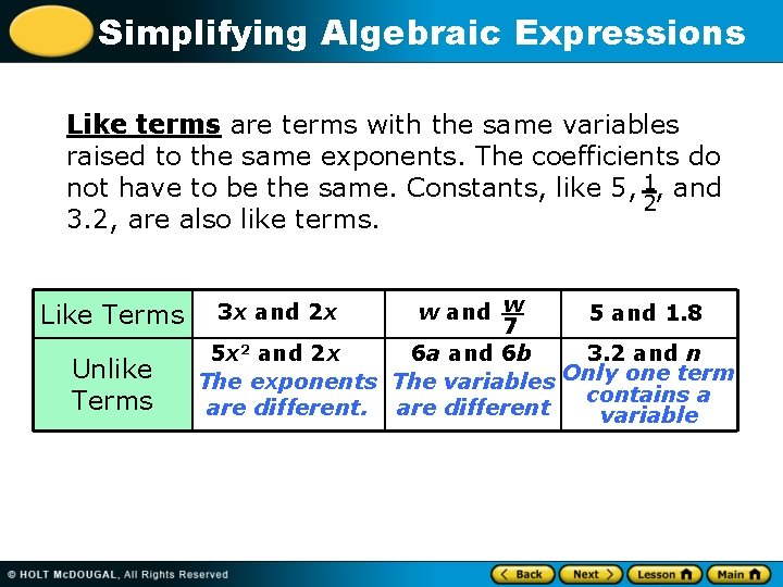 Simplifying Algebraic Expressions Like terms are terms with the same variables raised to the