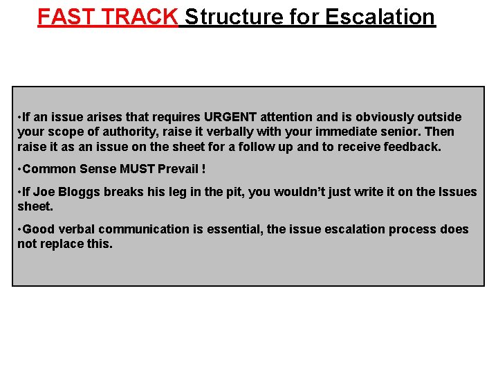 FAST TRACK Structure for Escalation • If an issue arises that requires URGENT attention