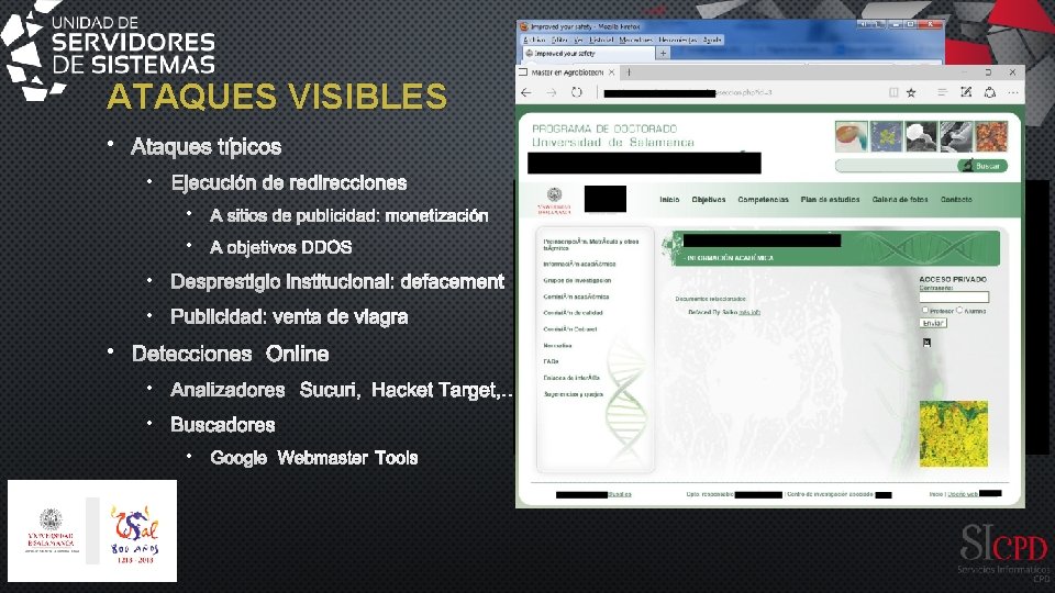 ATAQUES VISIBLES • ATAQUES TÍPICOS • EJECUCIÓN DE REDIRECCIONES • A SITIOS DE PUBLICIDAD: