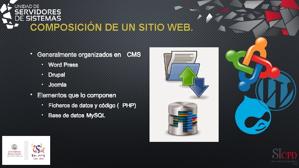 COMPOSICIÓN DE UN SITIO WEB. • GENERALMENTE ORGANIZADOS EN CMS • WORDPRESS • DRUPAL